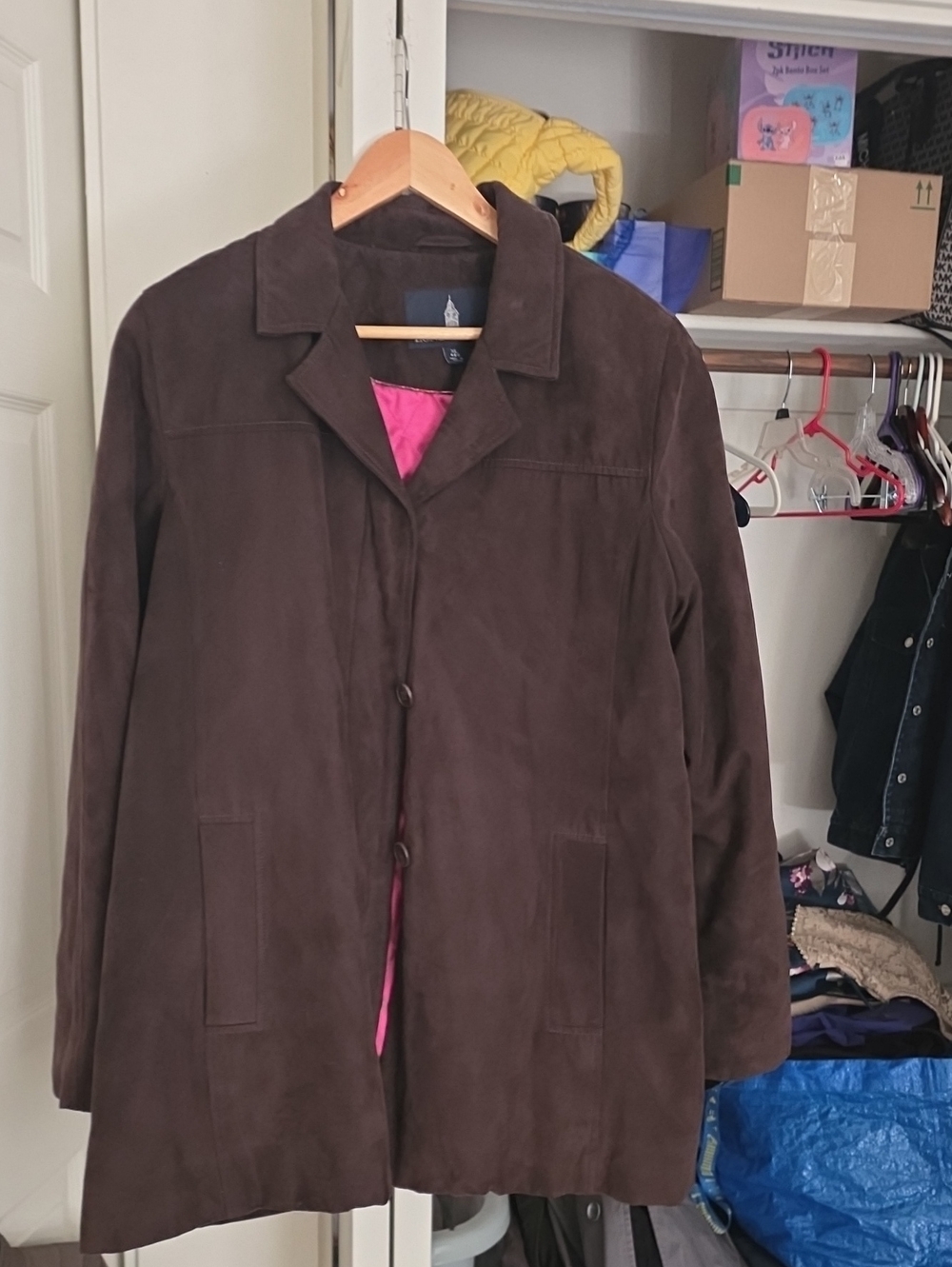London Fog Brown Suede Pea Coat with Pink Lining